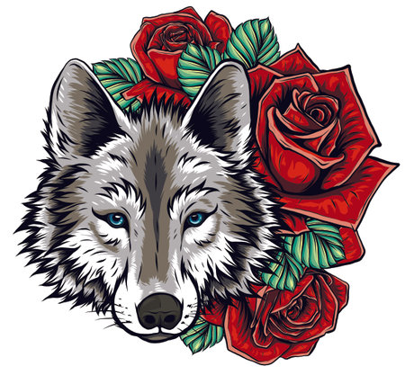 Embroidery of wolf and roses. Needlework patch of romantic animal sign on white background.のイラスト素材