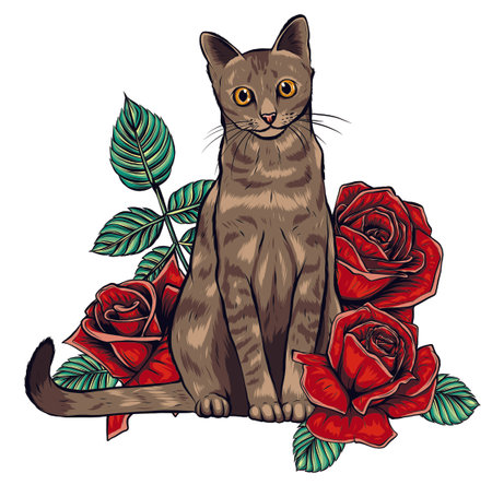 Vector Color Cat Roses Illustration on white backgroundのイラスト素材