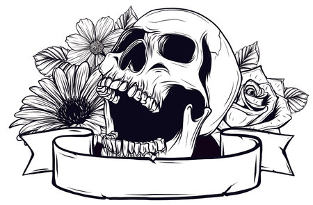 Skull. Hipster skull silhouette with mustache and arose in teeth with ribbon and bouquet of roses on a background. Vector illustration in vintage engraving style. Perfect for t-shirt print.のイラスト素材