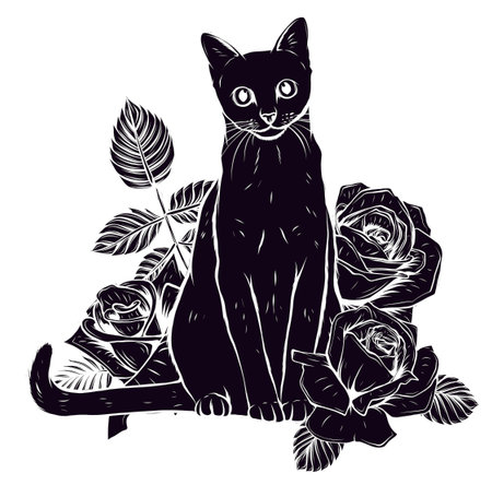 fluffy cat with roses. Siamese cat with open eyes and flowers.のイラスト素材