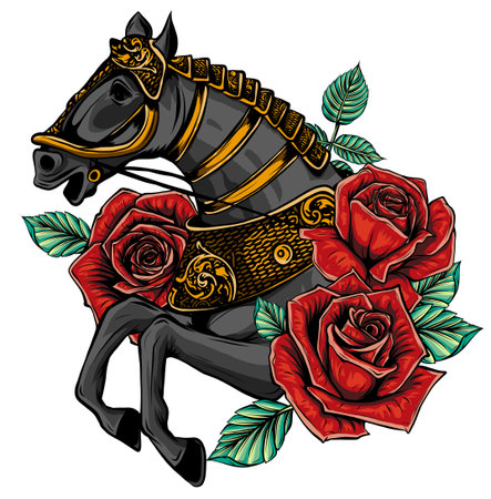 Embroidery horse head and wild roses, dogrose flowers. Fashionable template tapestry flowers renaissance.のイラスト素材