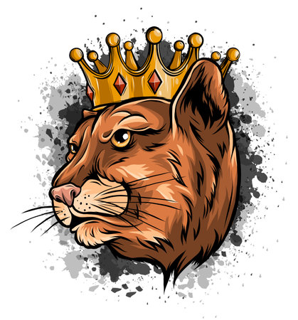 Black panther with crown on his head and open mouth, on white backgroundのイラスト素材