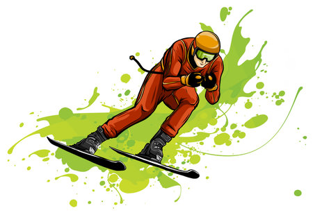 People skiing flat style design. Skis isolated, skier and snow, cross country skiing, winter sport, season and mountain, cold downhill, recreation lifestyleのイラスト素材