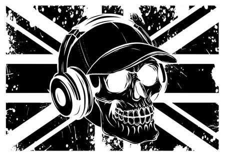 skull with headphones listening to music drawingのイラスト素材
