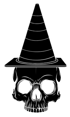 Vector illustration paper sticker Halloween icon witch hat with skullのイラスト素材