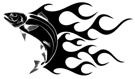 Jumping salmon fish in retro style isolated on white background, such a logo.のイラスト素材