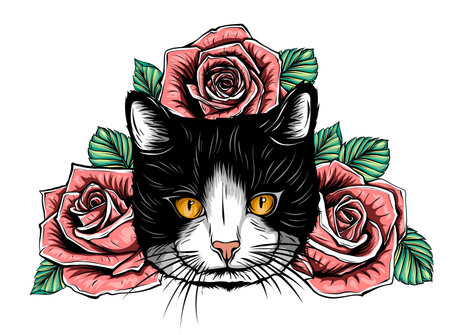 cartoon fluffy cat with roses. Siamese cat with open eyes and flowers.のイラスト素材