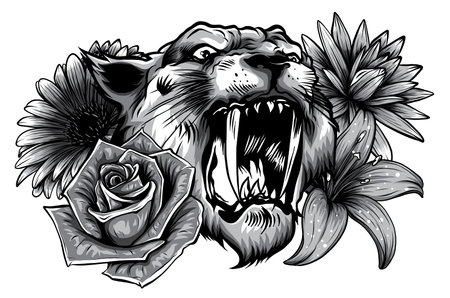 monochromatic tiger head face and composition flowers yellow sunflowers roses vector illustrationのイラスト素材