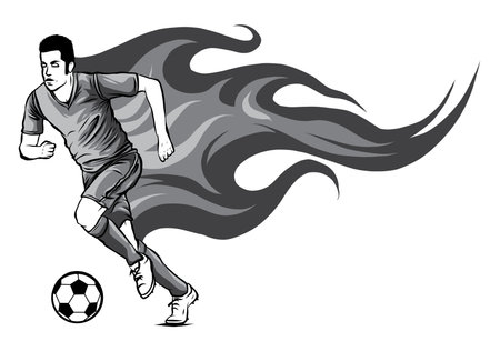 monochromatic Soccer player kicking a ball and has a background as a flame vectorのイラスト素材