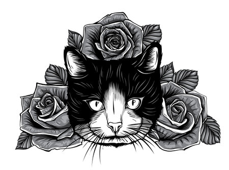 monochromatic cartoon fluffy cat with roses. Siamese cat with open eyes and flowers. Coloring book for adults and children.のイラスト素材