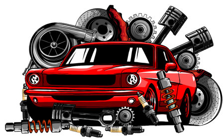 Vintage car components collection witn automobile motor engine piston steering wheel tire headlights speedometer gearbox shock absorber isolated vector illustrationのイラスト素材