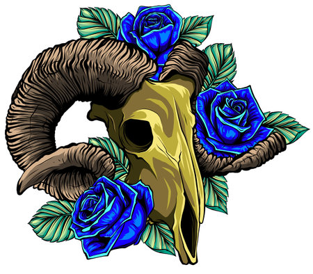 Skull of goat with big horns line art isolated hand drawn tattoo sketch stock vector illustrationのイラスト素材