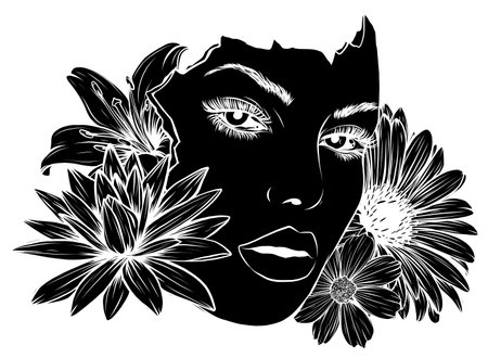 beauty Girl Floral face vector illustration design black silhouetteのイラスト素材