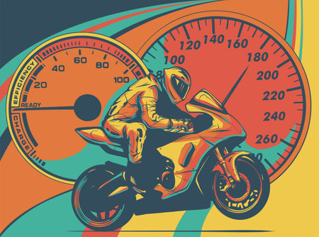 Motorcyclist on a motorcycle in colored background vector illustration.のイラスト素材