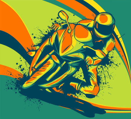 Motorcyclist on a motorcycle in colored background vector illustration.のイラスト素材