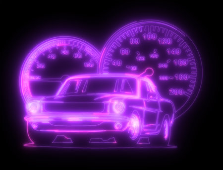 Neon silhouette of classic American muscle car. Glowing sign.