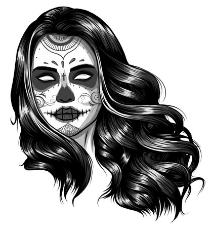 monochromatic Vector Black and White Skull Candy Girl Illustrationのイラスト素材