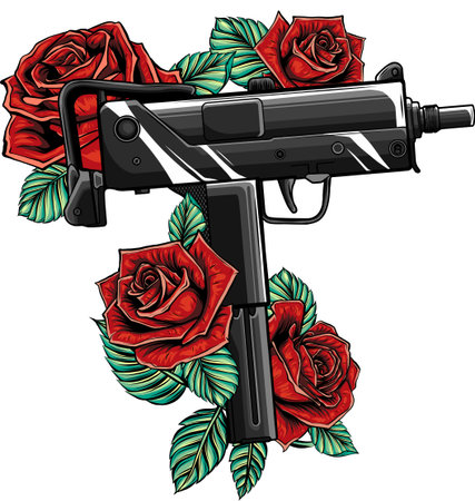 weapont Uzi with red roses vector illustrationのイラスト素材