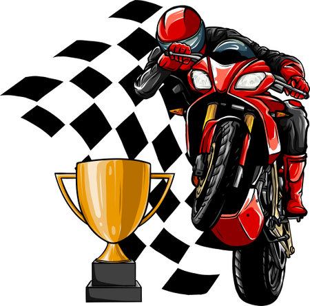 Riders on sport motorbike with cup and race flagのイラスト素材
