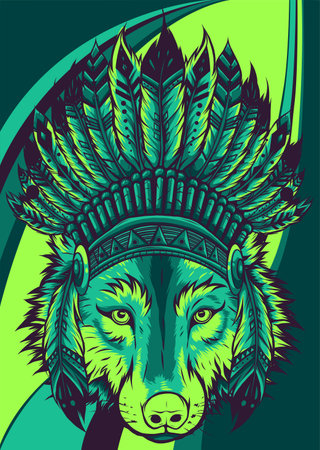 Indian wolf with feathers hat vector illustrationのイラスト素材