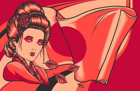 Beautiful Geisha with leaves and japan flagのイラスト素材