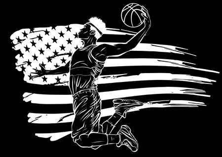 silhouette Basketball Player on American Flag colors backgroundのイラスト素材