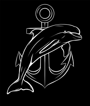 silhouette dolphin around an anchor with a rope, an ancient symbol of the sea, vector illustrationのイラスト素材