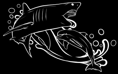 silhouette Dolphin and Shark. Funny cartoon and vector isolated characters.のイラスト素材