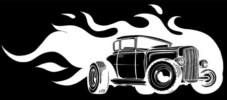 vector illustration muscle car with flames silhouette in black backgroundのイラスト素材