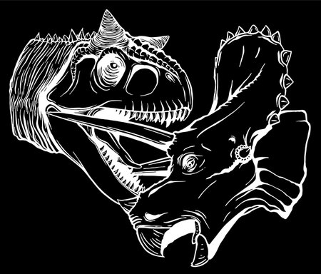 T Rex Versus Triceratops illustration silhouette in black backgroundのイラスト素材