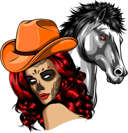 girl dressed as a cowboy with horseのイラスト素材