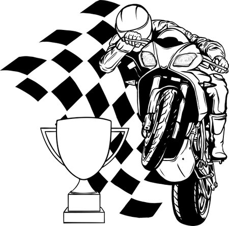 draw in black and white of Riders on sport motorbike with cup and race flagのイラスト素材