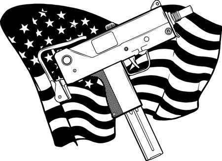 draw in black and white of weapont Uzi with ameican flag vector illustrationのイラスト素材