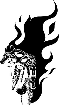 black silhouette of Motorcycle Racing on fire with pilot Vector illustration designのイラスト素材