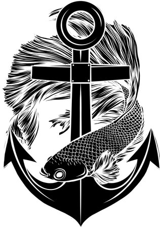 black silhouette of fish around the anchor vector illustration designのイラスト素材