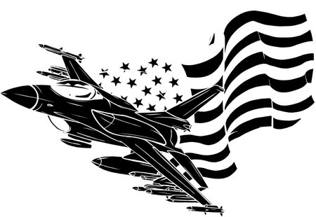 black silhouette of Military fighter jets with american flag. Vector illustrationのイラスト素材