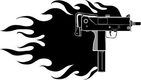 black silhouette of Vector illustration of a uzi gun with flamesのイラスト素材
