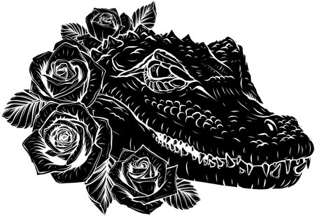 black silhouette of Vector illustration of crocodile head with rosesのイラスト素材