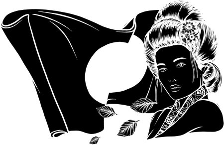black silhouette of Beautiful Geisha with leaves and japan flagのイラスト素材
