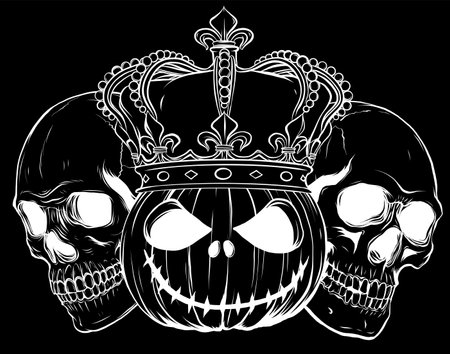white silhouette of Monsters skull with pumpkids on black backgroundのイラスト素材