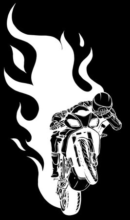white silhouette of Motorcycle Racing with Fire on black backgroundのイラスト素材