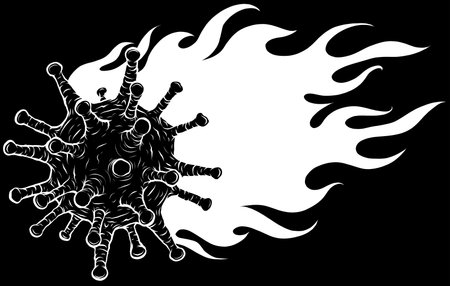 white silhouette of corona virus burns with flames on black backgroundのイラスト素材