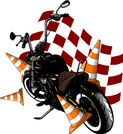 Old vintage black bobber bike with race flagのイラスト素材