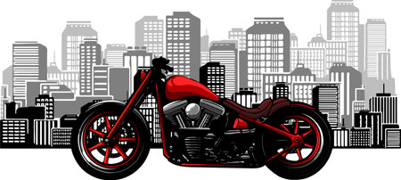 illustration bobber style motorcycle with the city in the backgroundのイラスト素材