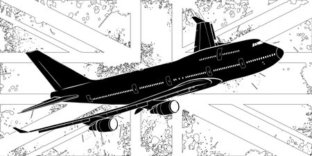 Vector Illustration of a passenger plane flying over the flag of great Britain.のイラスト素材