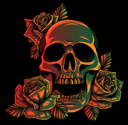 A human skulls with roses on black background vector illustrationのイラスト素材