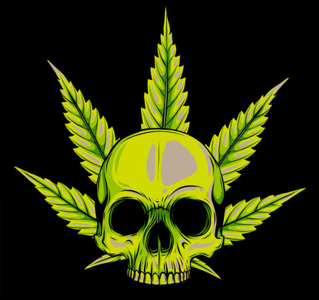 skull with leaves marijuana head illustration designのイラスト素材