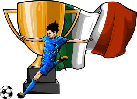 Soccer player kicks the ball. Vector illustration.のイラスト素材