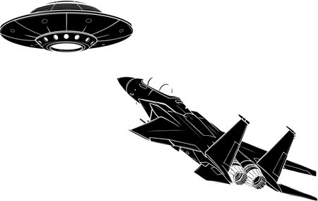 Vector illustration of silhouette ufo fight with jetのイラスト素材