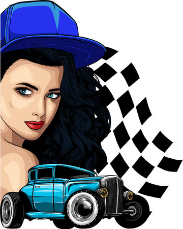 girl with classic hot rod. illustration in rockabilly style.のイラスト素材